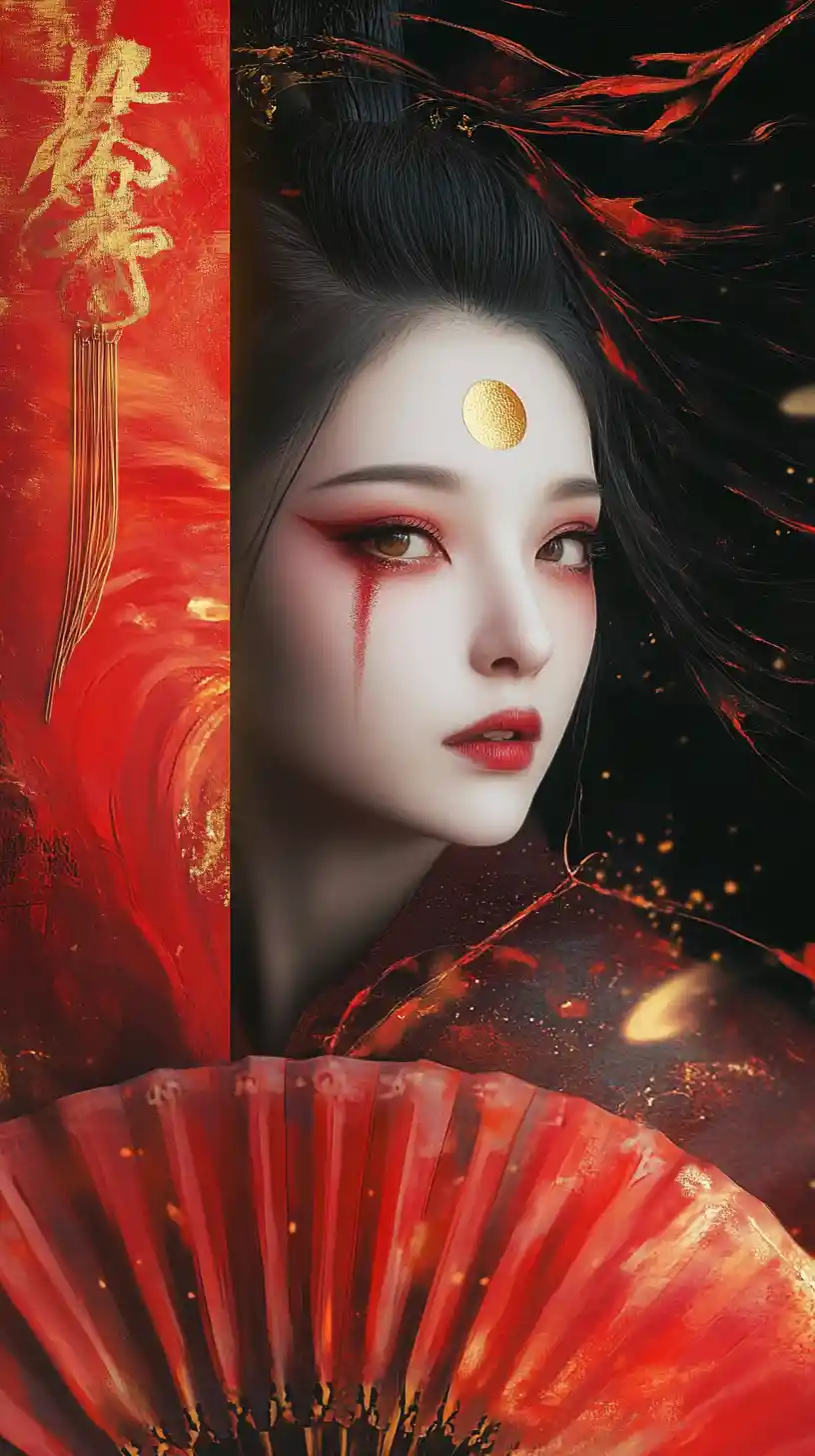 Contemplative geisha inspired portrait with red fan and gold