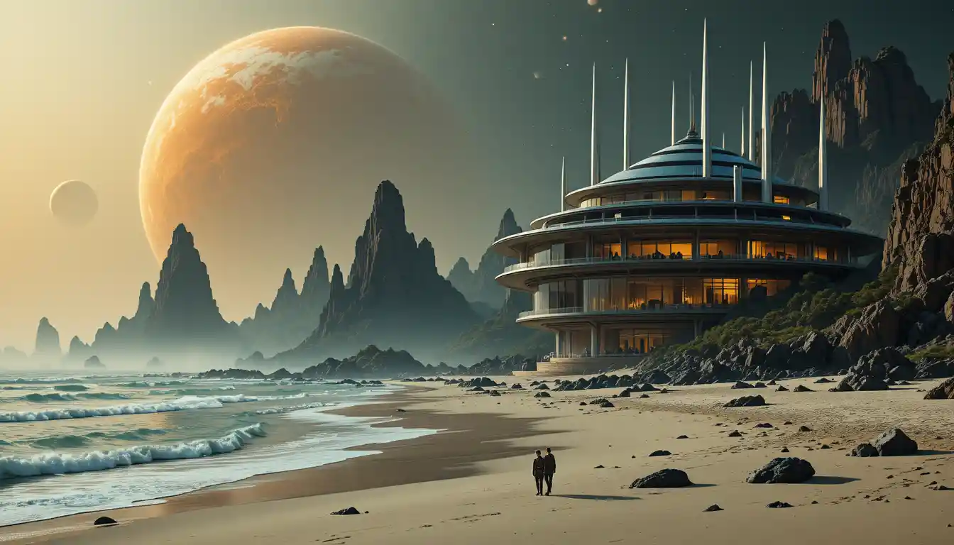 Futuristic resort on an alien beach under a giant planet