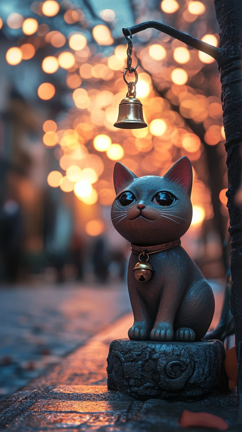 Anime cat statue in a romantic city at dusk