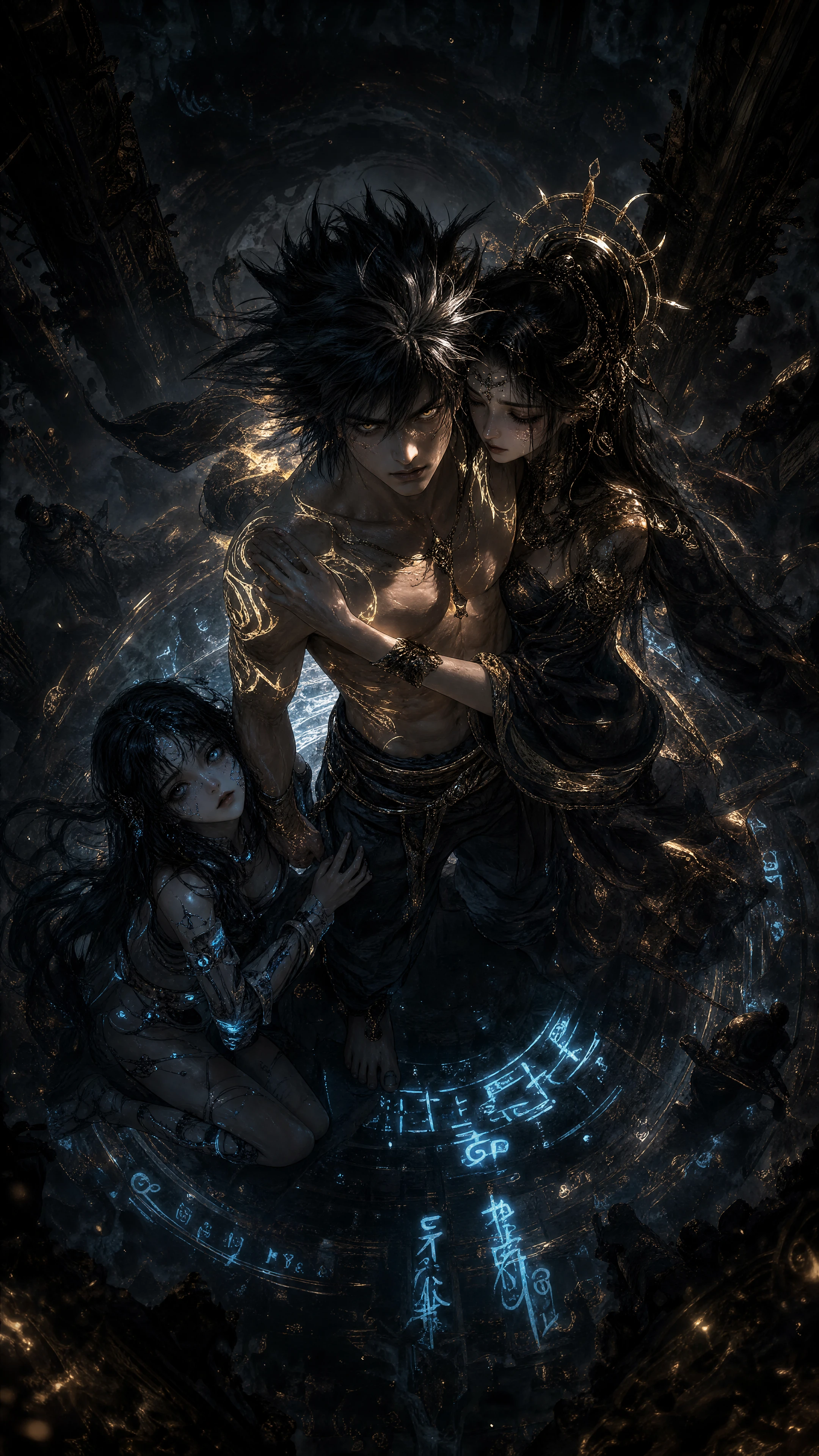 Hero seen from above amid glowing runes and darkness