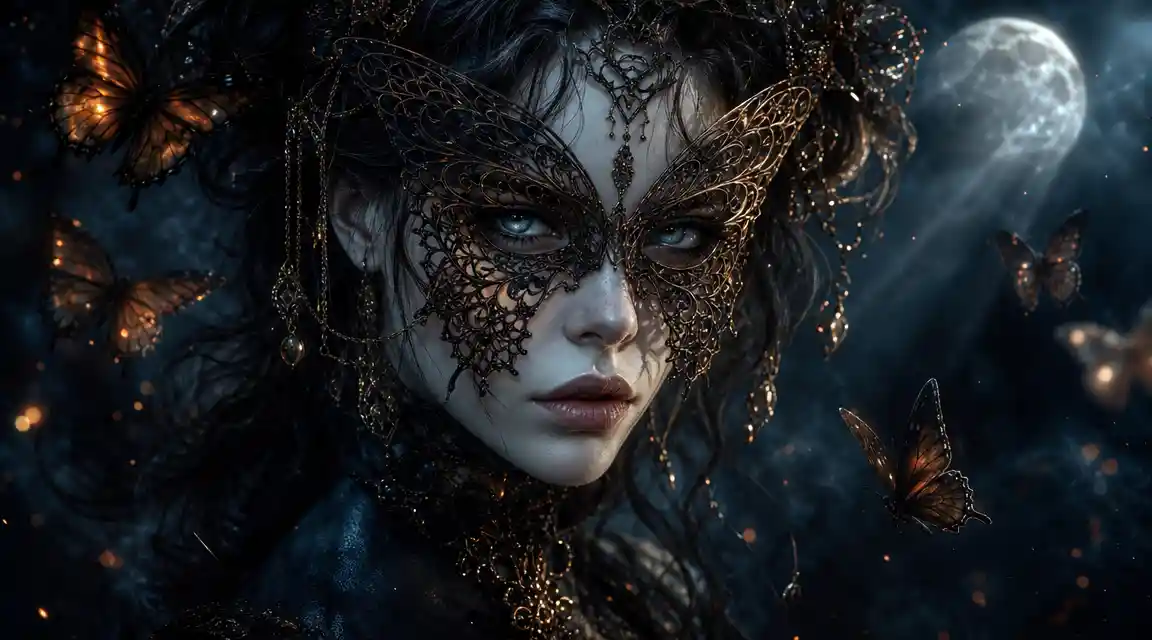 Surreal woman portrait with ornate butterfly mask and blue eyes