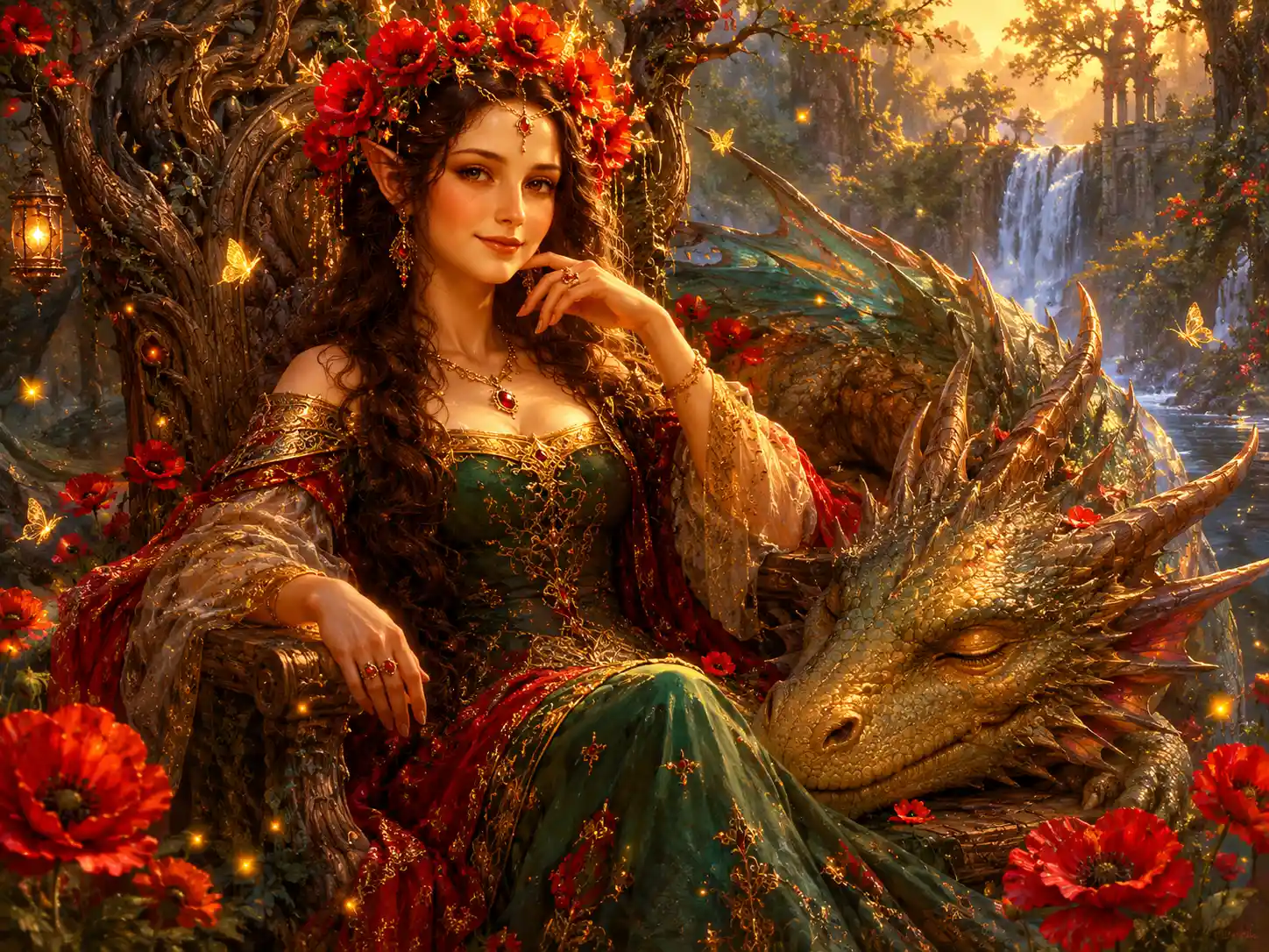 Elven queen on a forest throne with a slumbering dragon