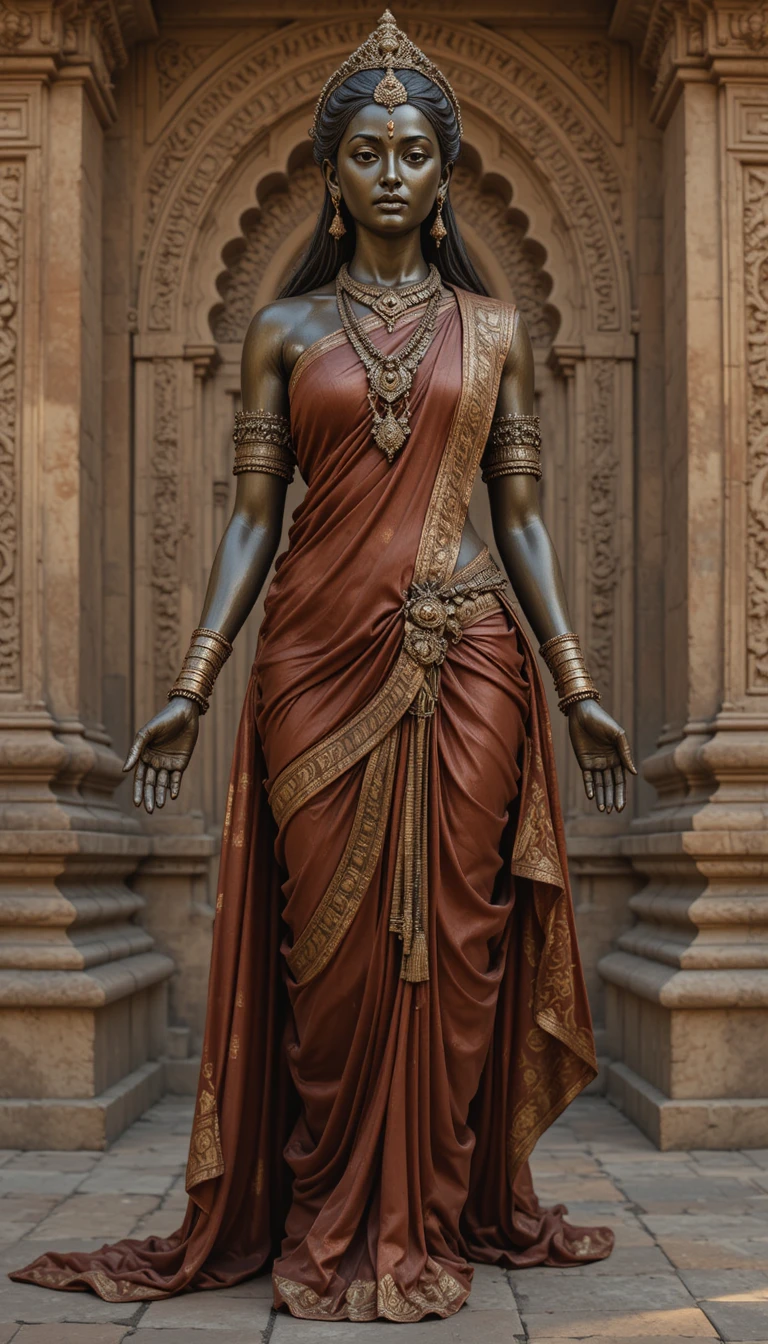 Indian woman as living bronze temple sculpture in saree