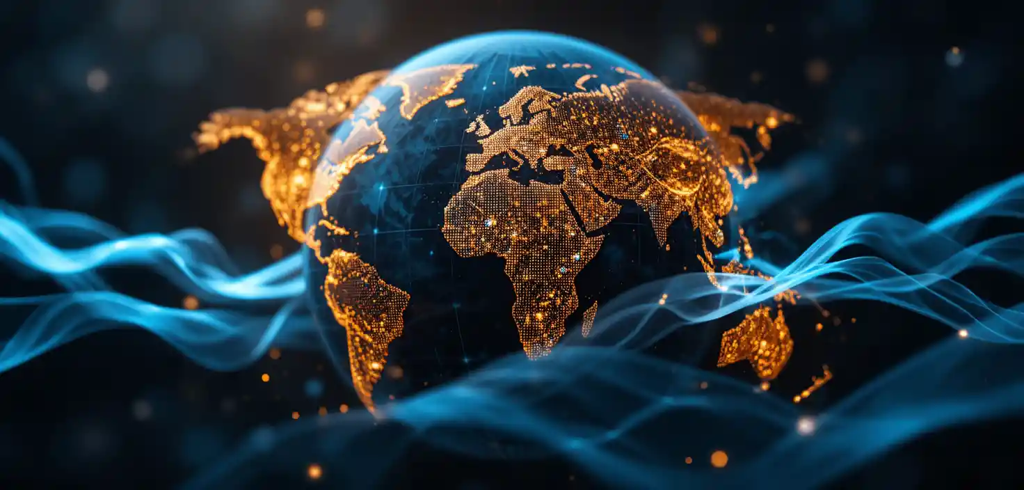 Abstract digital globe with flowing global data ribbons