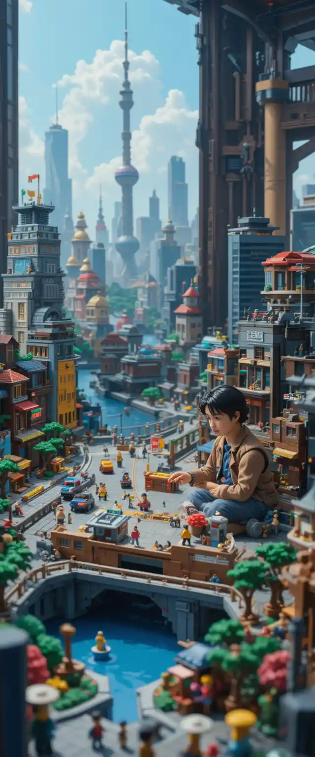 Woman building lego style shanghai diorama at craft table