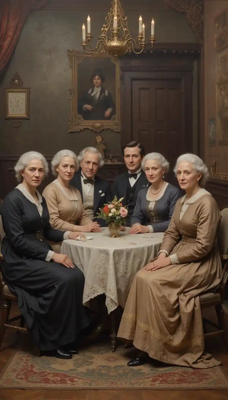 Group portrait of elderly women in Belle Epoque painting style