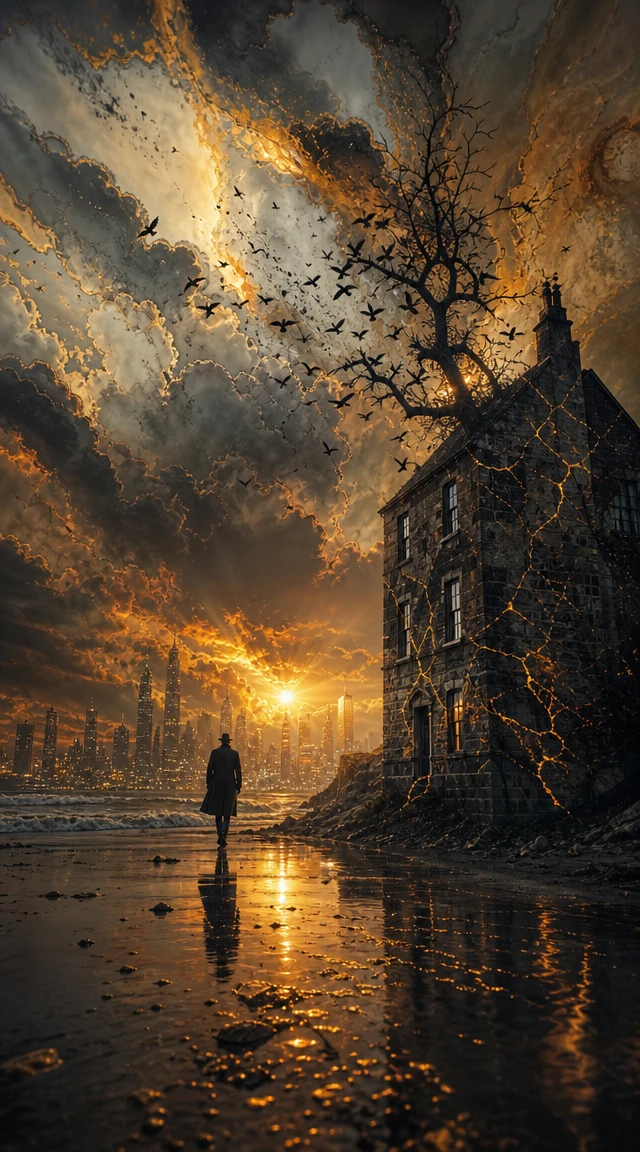 Stormy sunset house facing the raging ocean