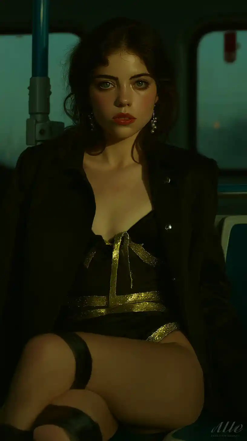 Woman on morning bus with romantic cinematic sunlight