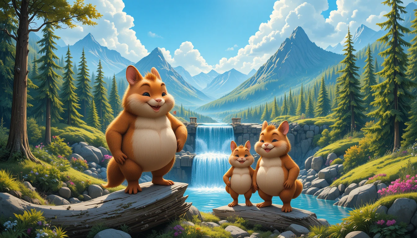 Happy beaver family smiling by their forest dam