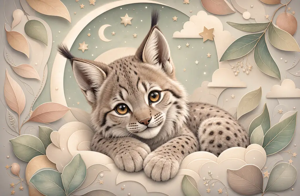 Adorable baby lynx kitten in soft pastel nursery illustration