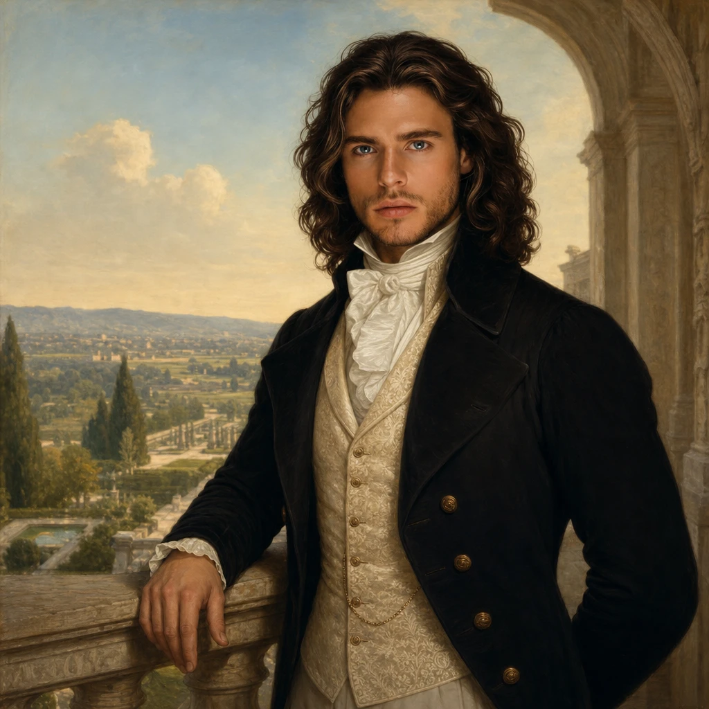 Young man on balcony in elegant empire era attire
