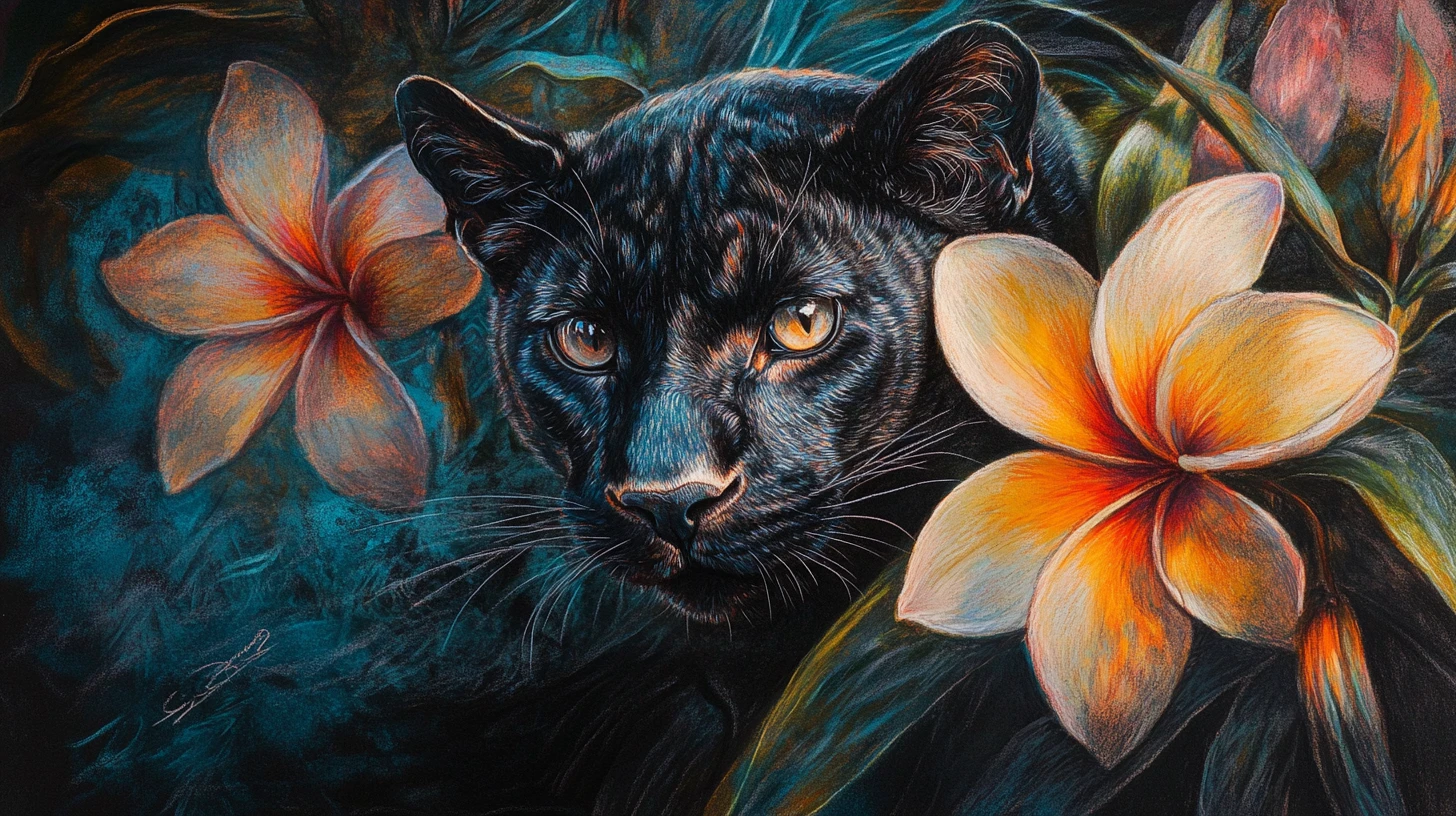 Pantera emergiendo de una plumeria en pintura surreal y onírica