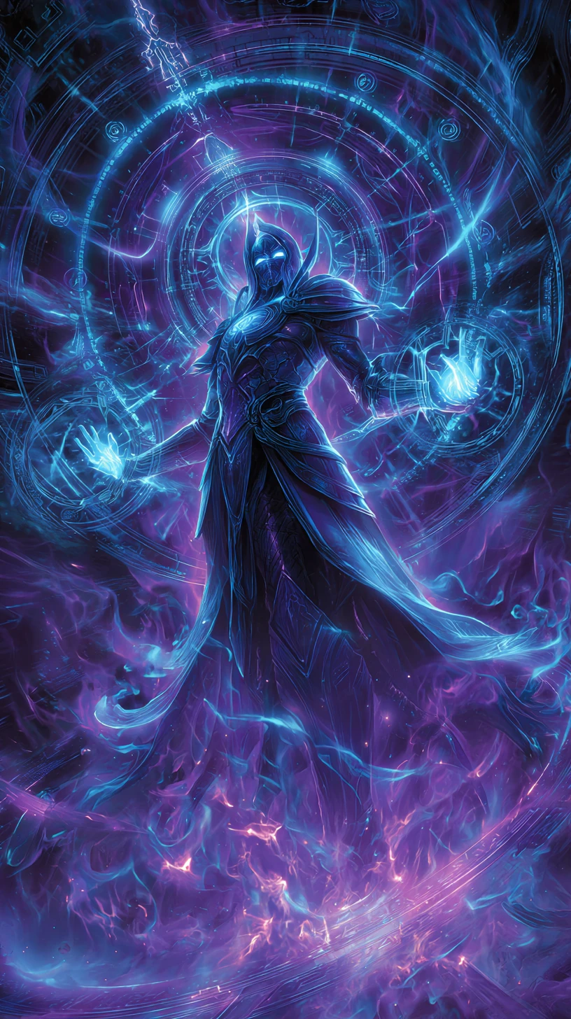 Arcane mage summoning radiant runes and magic circles