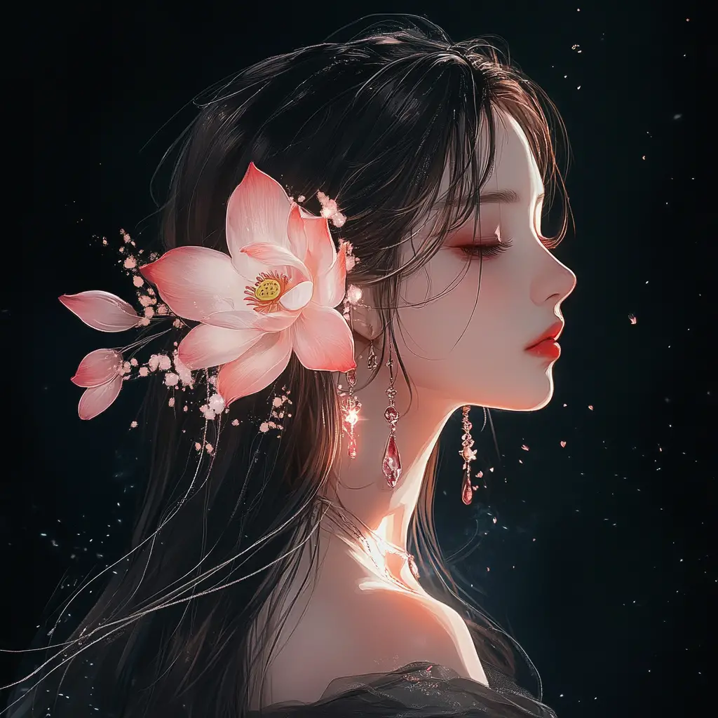 Ethereal anime woman with glowing lotus flowers