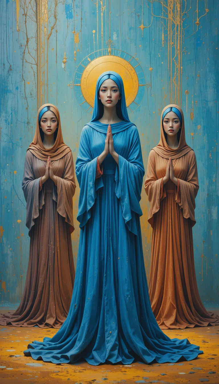 Blue robed figure in abstract devotional blue painting