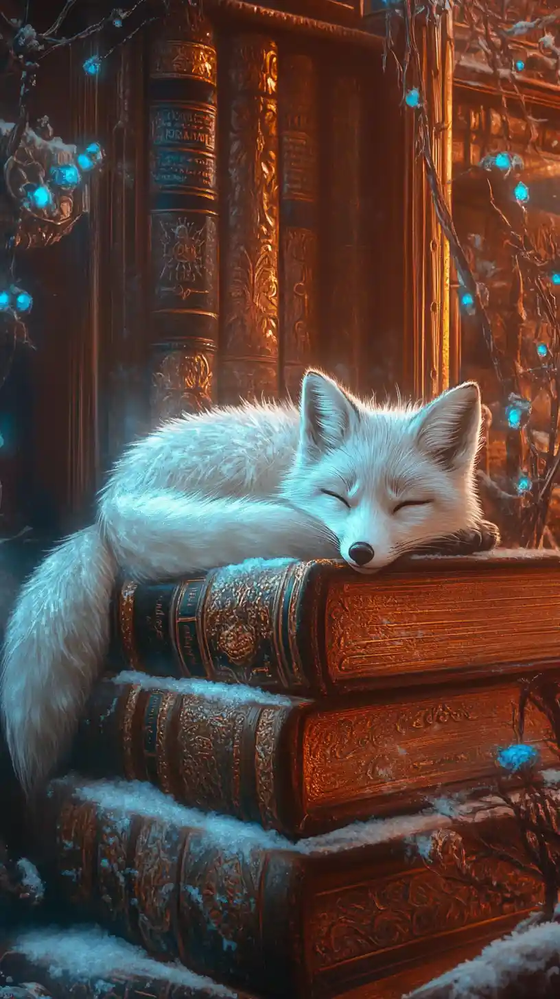 Arctic fox resting among frosted spellbooks in library glow