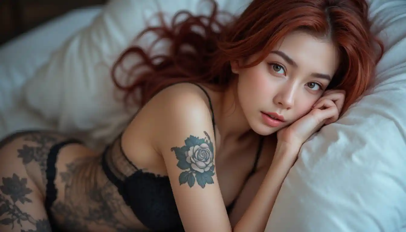 Tattooed Asian woman in black lingerie on bed with candles