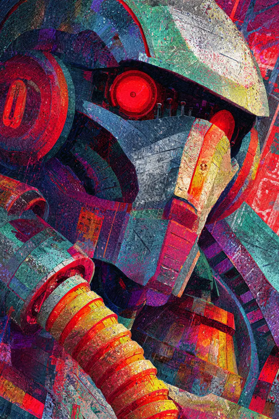 War robot with steel arms and glowing red eyes
