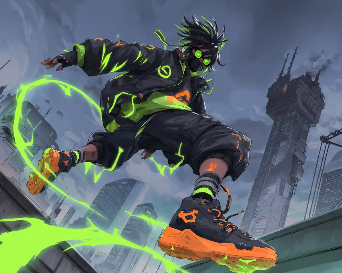 Cyberpunk pilot leaping across neon city rooftop