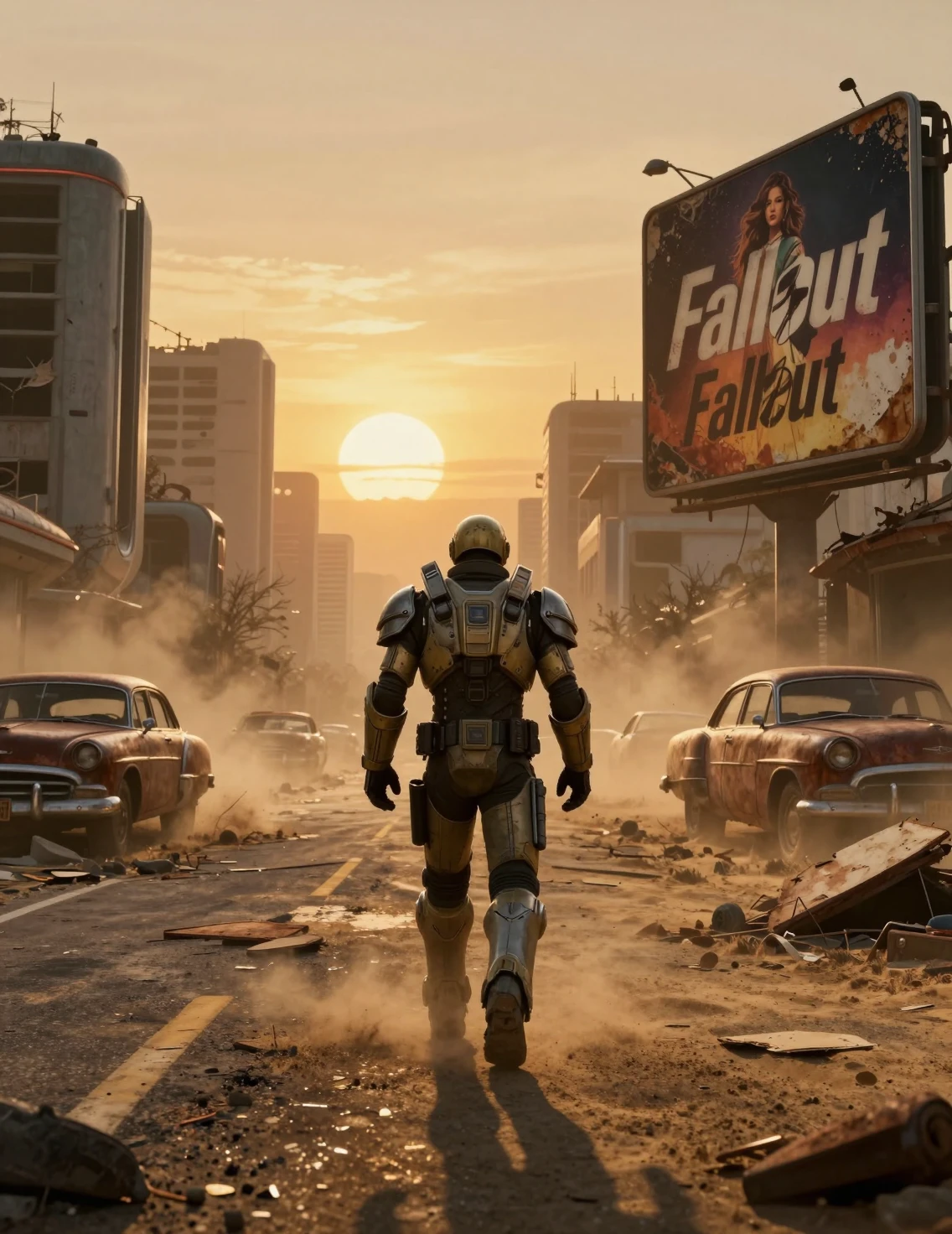 Armored wanderer on a ruined road at sunset