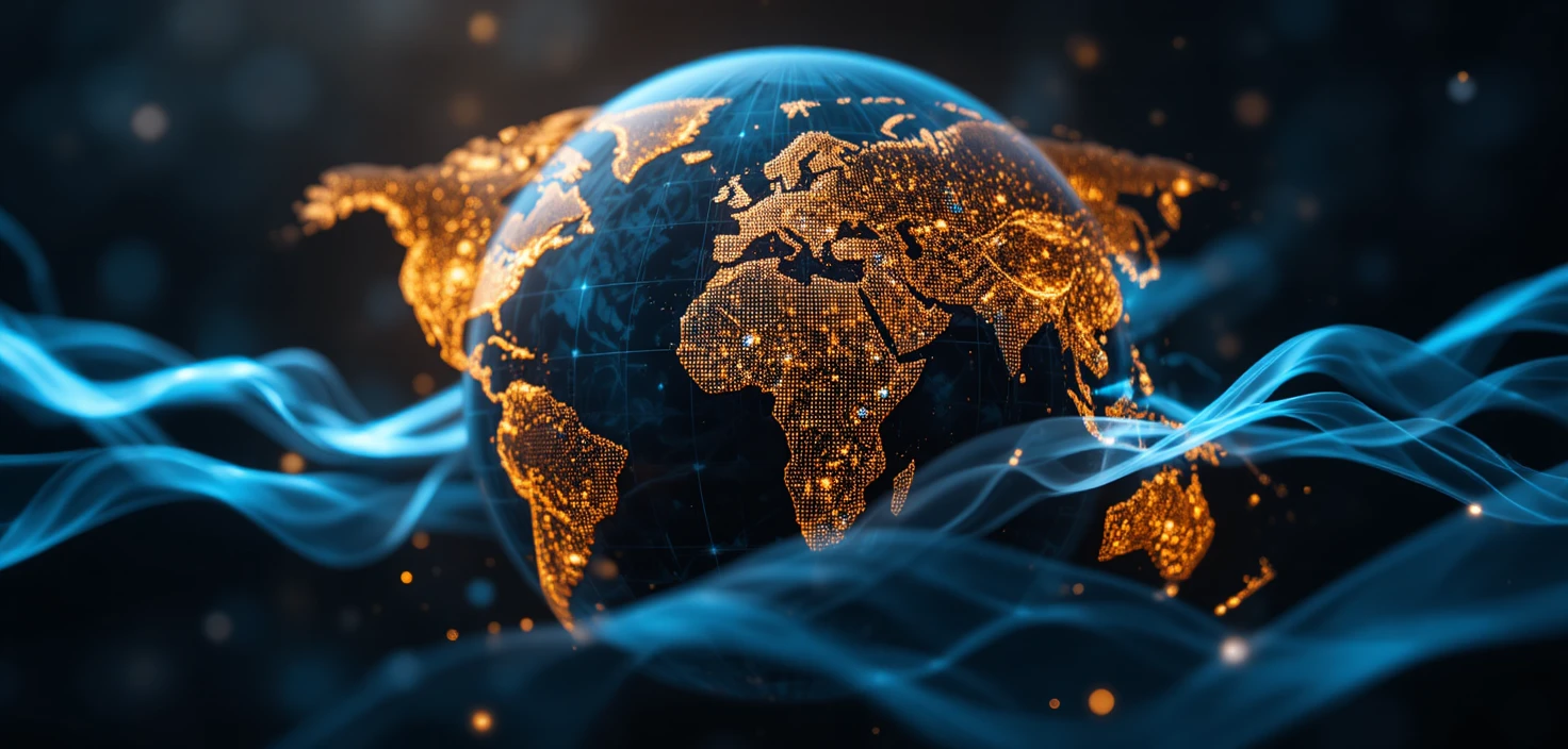 Abstract digital globe with flowing global data ribbons