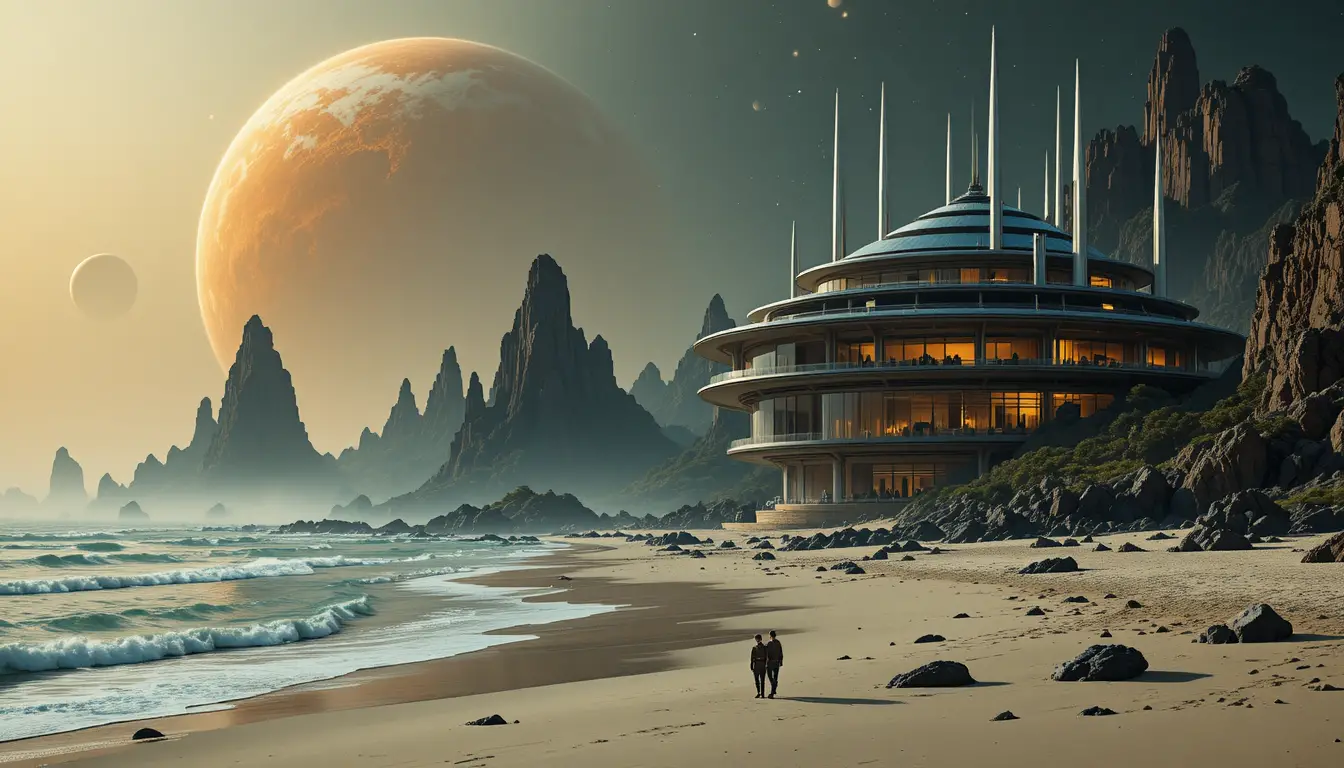 Complexe futuriste sur une plage alien sous une planète géante