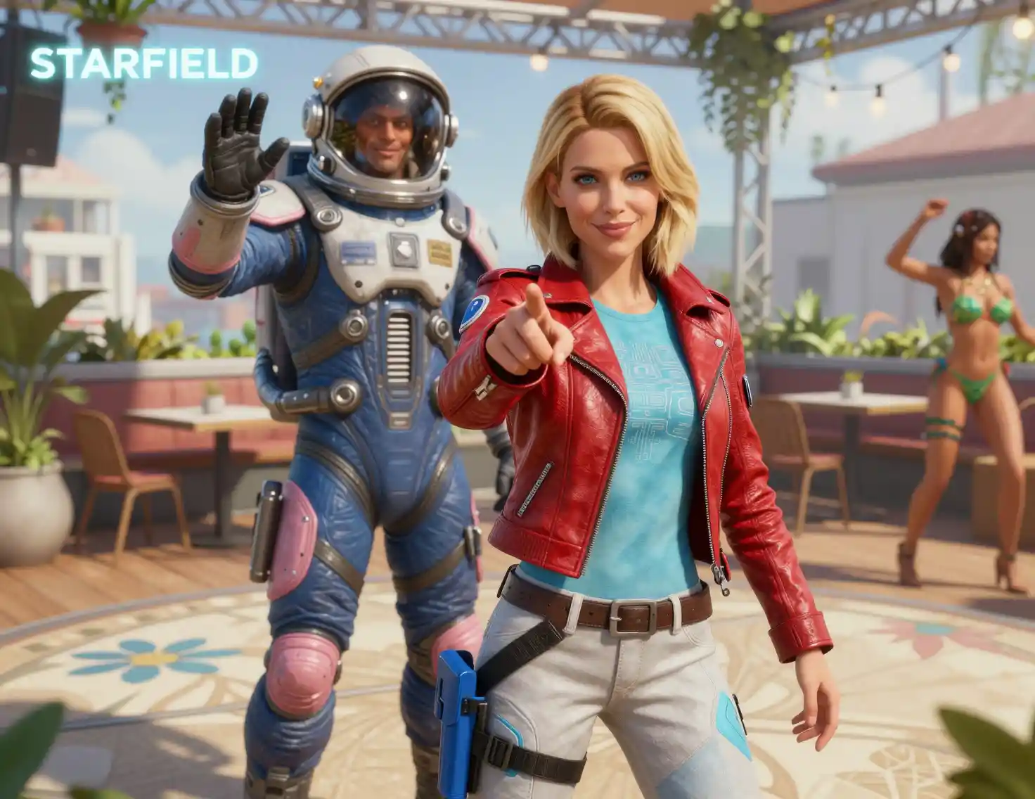Smiling Astronaut Woman Pointing On Sunny Rooftop