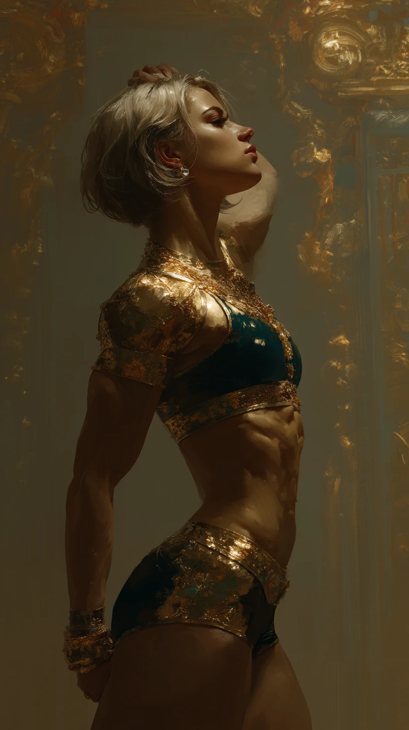 Powerful muscular woman posing in a luxurious palace