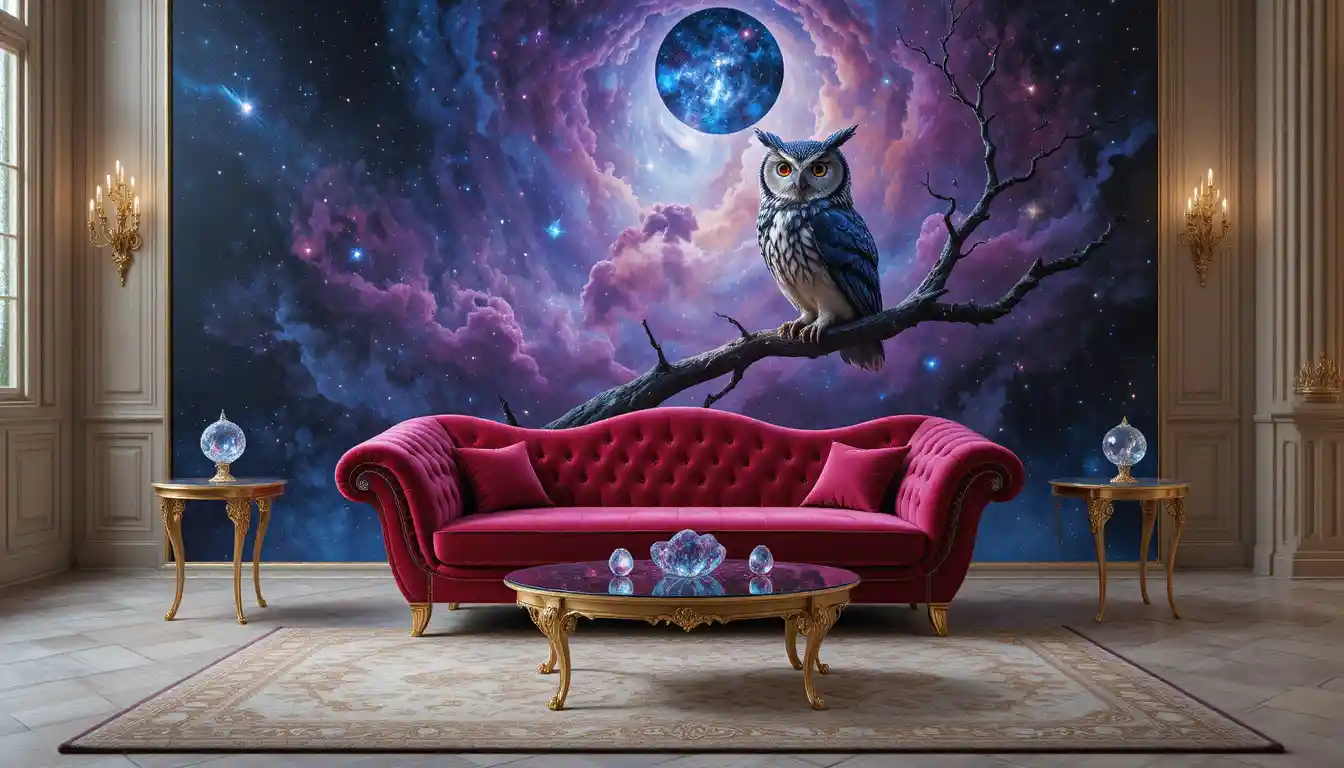 Galactic owl perched on glowing crystalline branch in nebula sky
