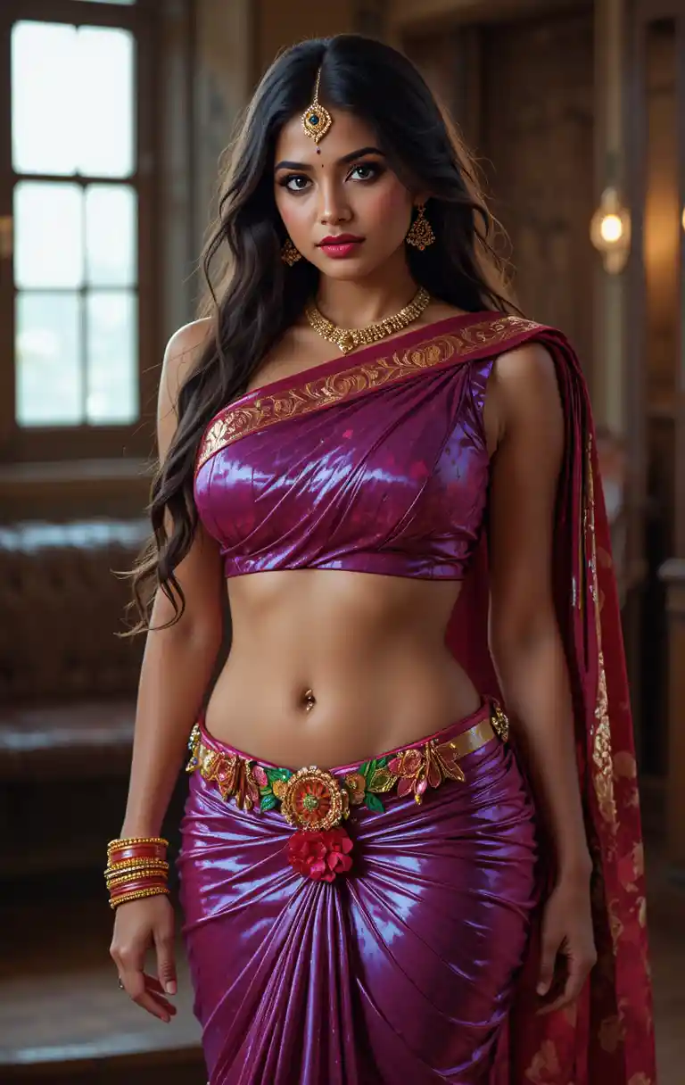 Full body Tamil woman in saree with exposed midriff