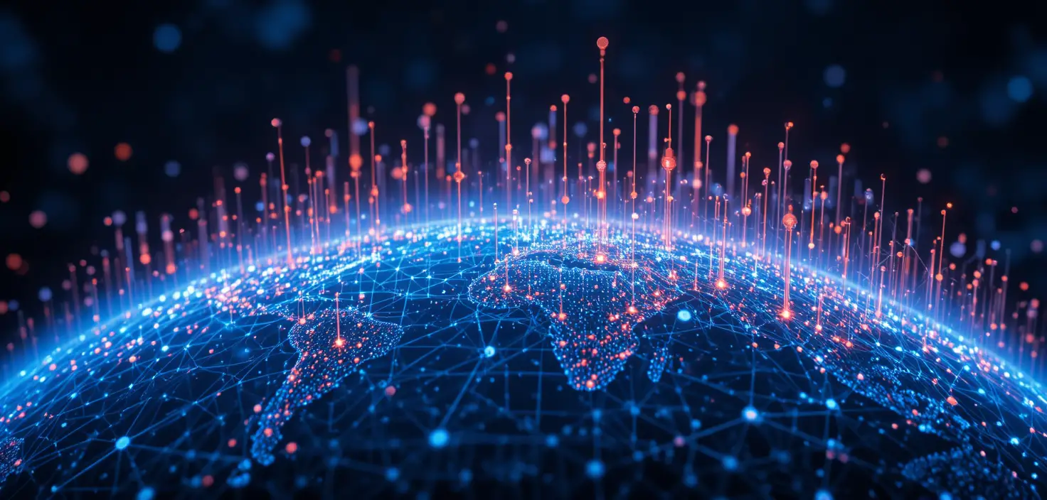 Red global de datos digitales que surge de un globo azul oscuro