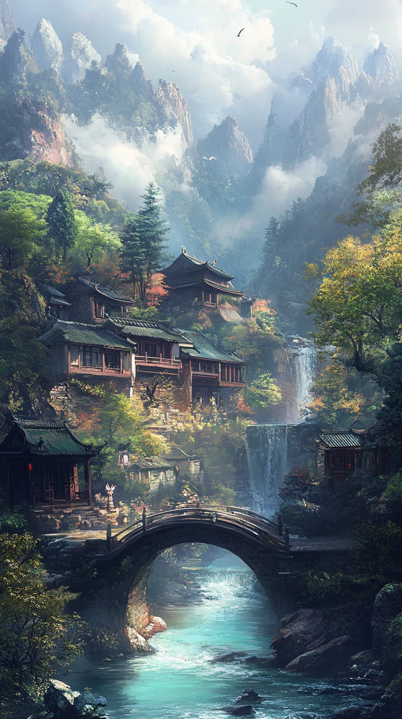 Tranquil Chinese mountain village by a turquoise river