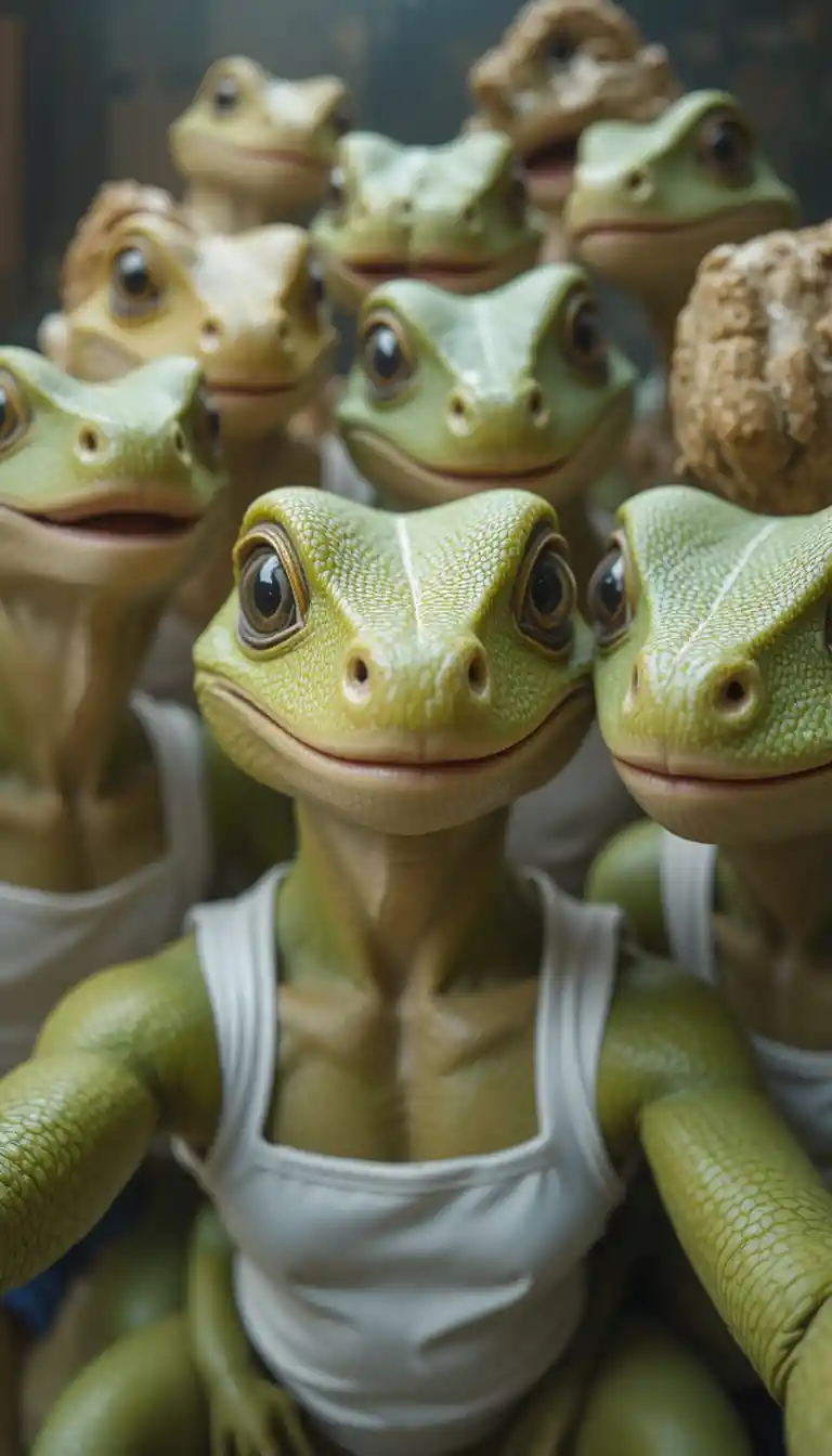 Smiling reptilian humanoids posing together for a close selfie