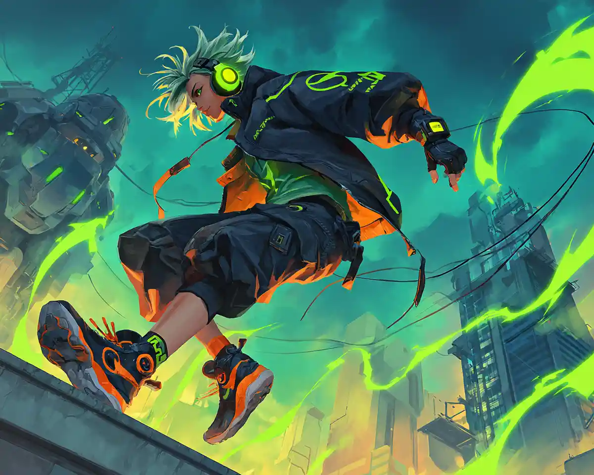 Cyberpunk pilot leaping across neon city rooftop