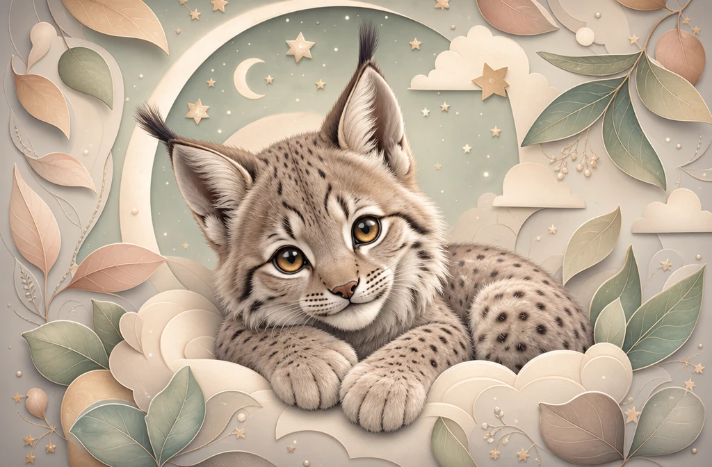 Adorable baby lynx kitten in soft pastel nursery illustration