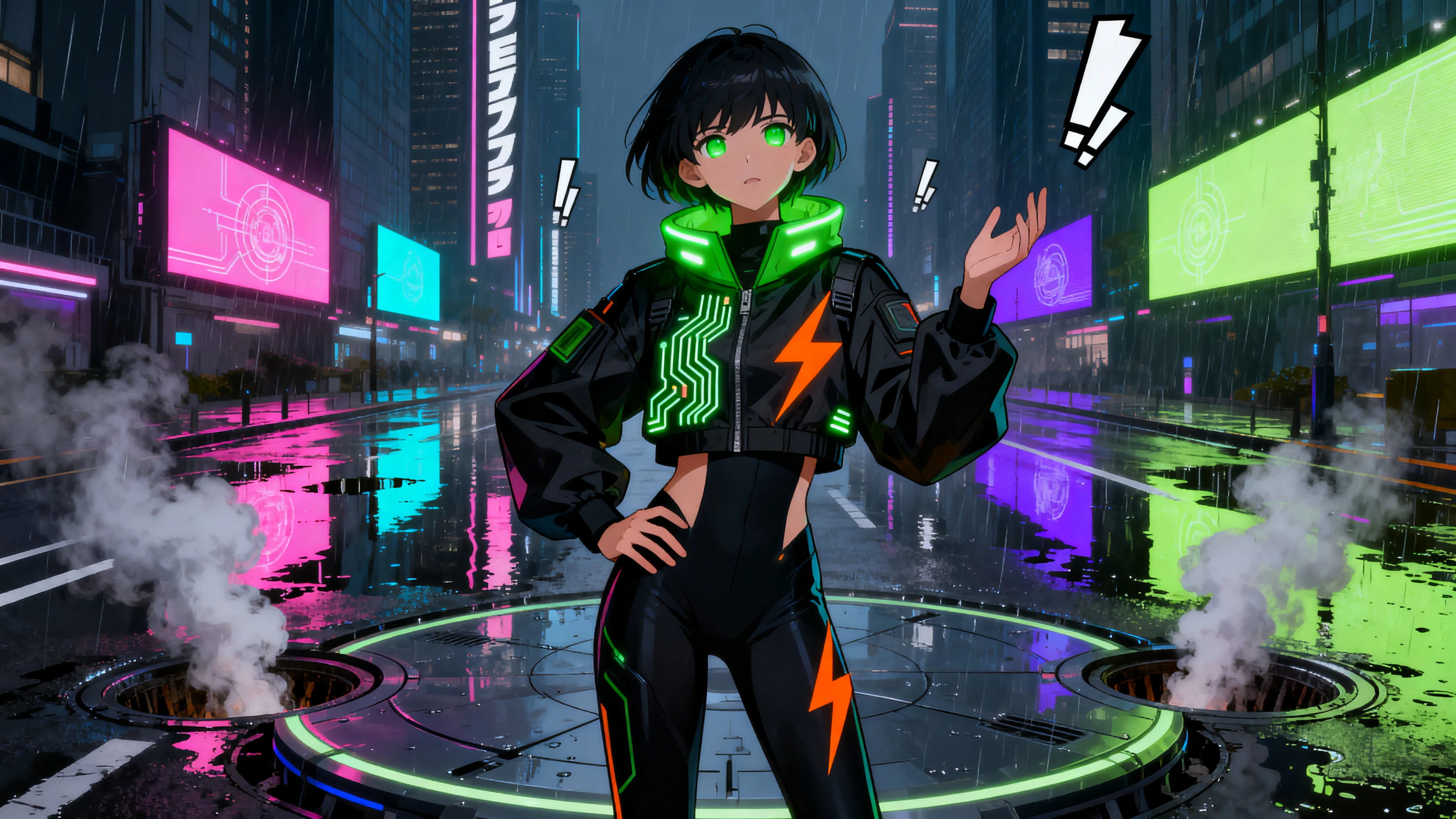 Piloto callejera cyberpunk frente a su mecha de combate en ascenso