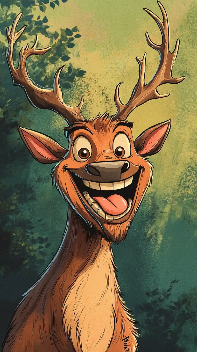 Testa di alce cartoon giocosa con espressione sorridente e amichevole