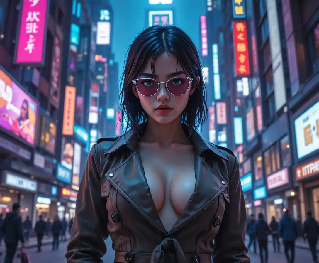 Young cybernetic detective in a neon futuristic city