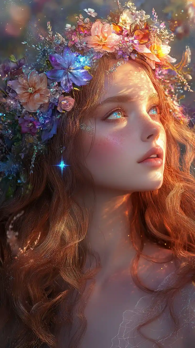 Ethereal woman with crystal floral crown in glowing garden