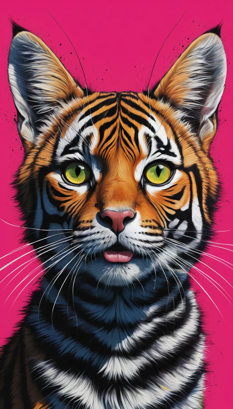 Psychedelic pop art close up portrait of a zebra striped cat