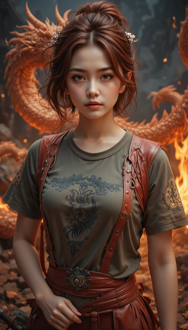 Asian warrior woman with red hair facing a fire dragon