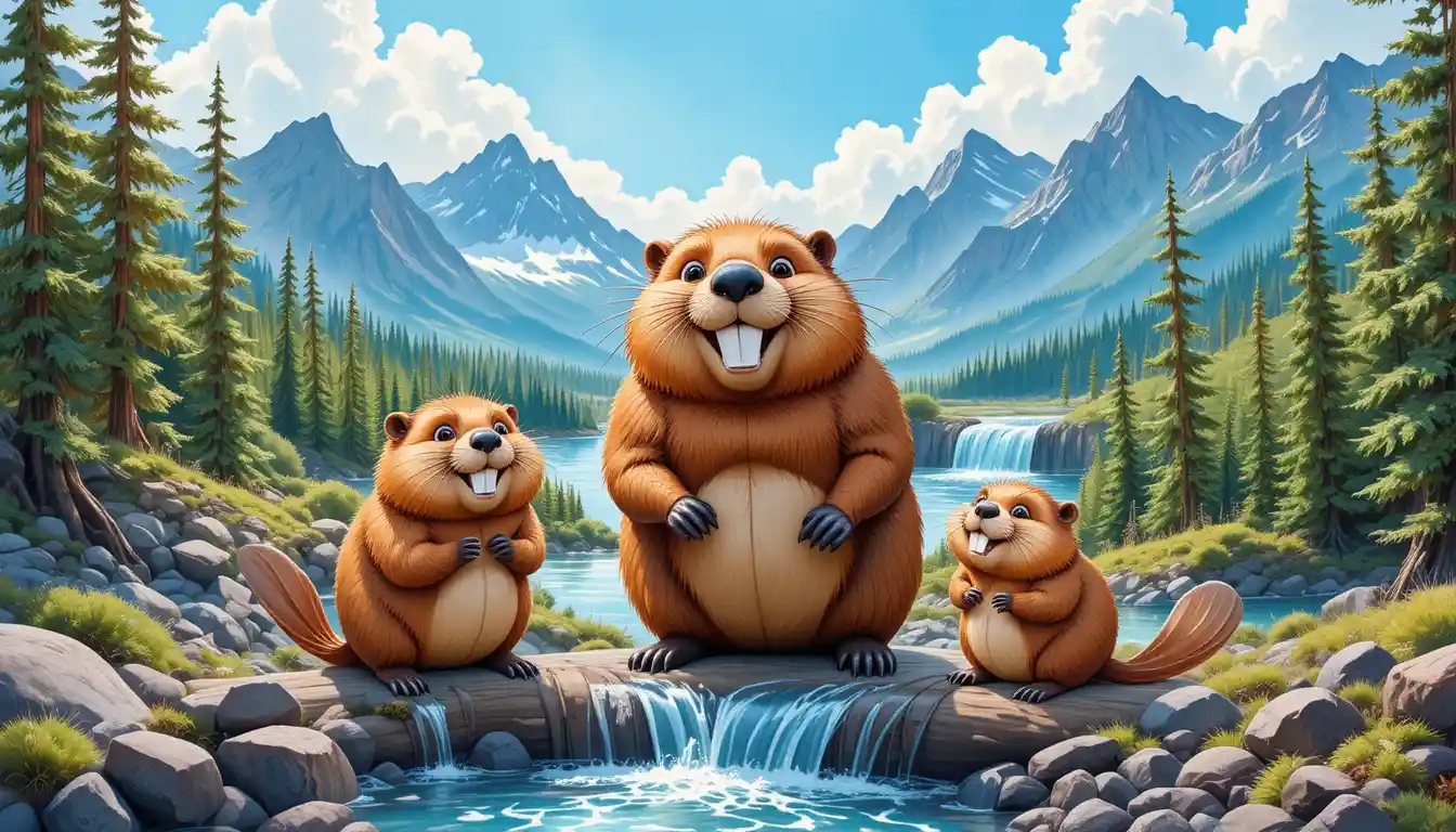 Joyful beaver family by a forest dam watercolor illustration