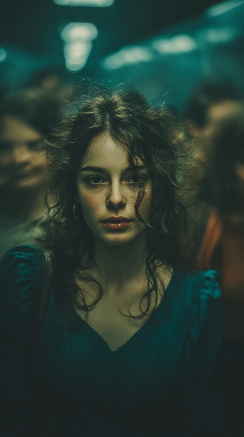 Young woman standing still in a crowded subway station