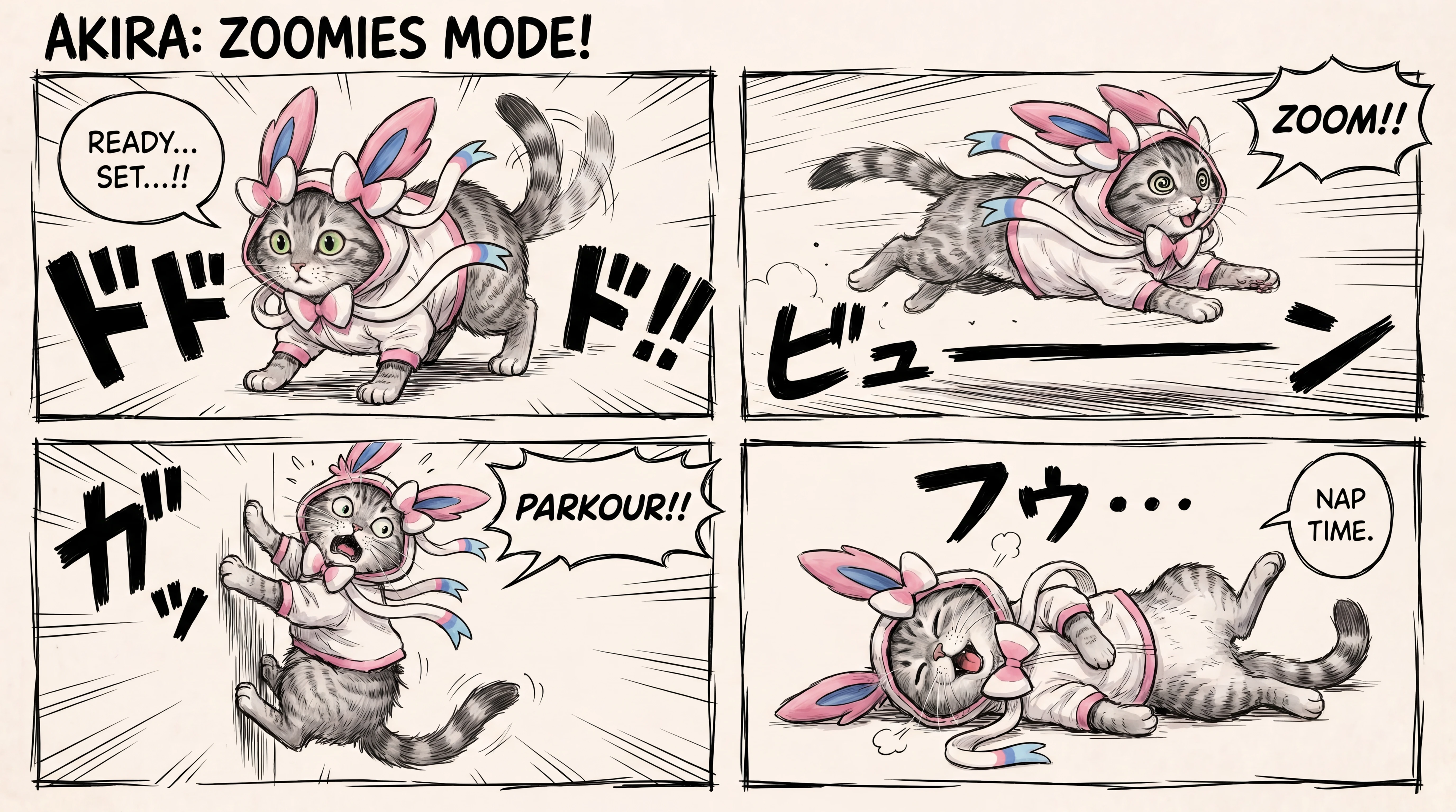 Playful zoomies cat character sheet in manga cartoon style