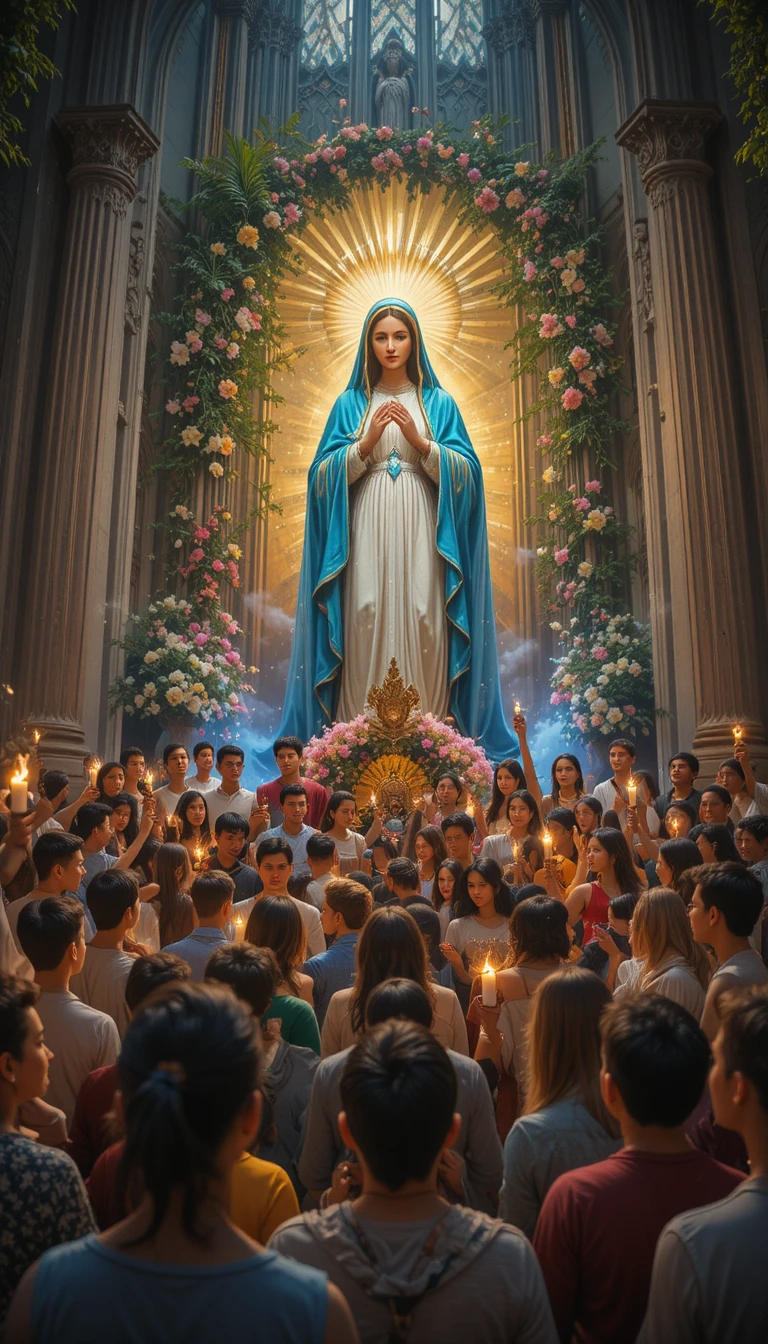 Diverse crowd praying before statue of Our Lady Aparecida