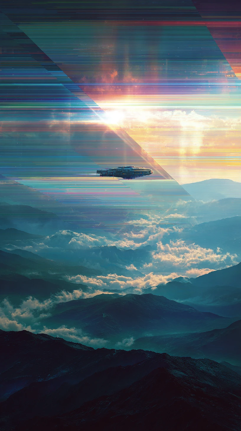 Nave espacial surreal que cruza dimensiones en un paisaje onírico cósmico derretido