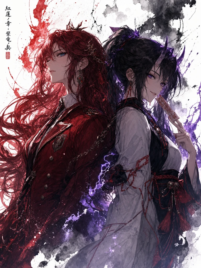 Heroínas de anime espalda con espalda en retrato acuarela estilo sumi-e