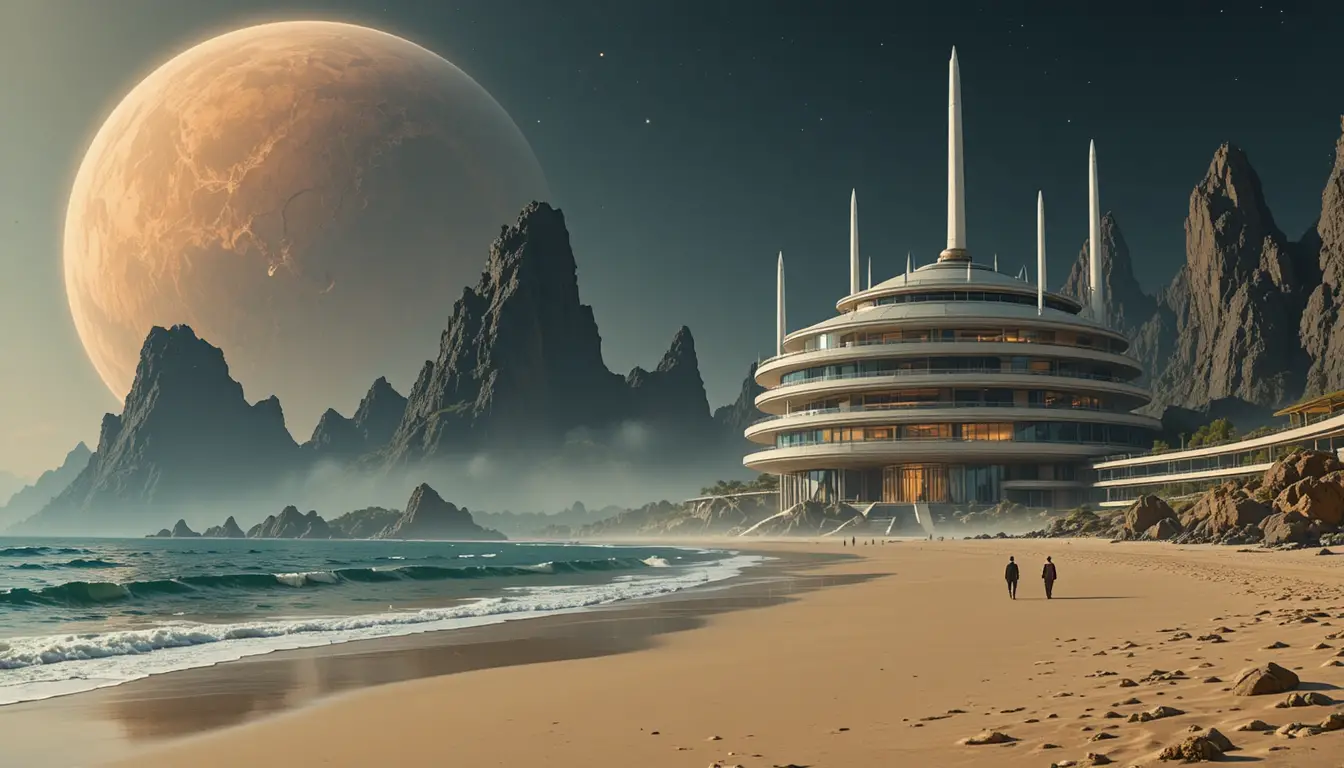 Complexe balnéaire futuriste sous une planète alien colossale