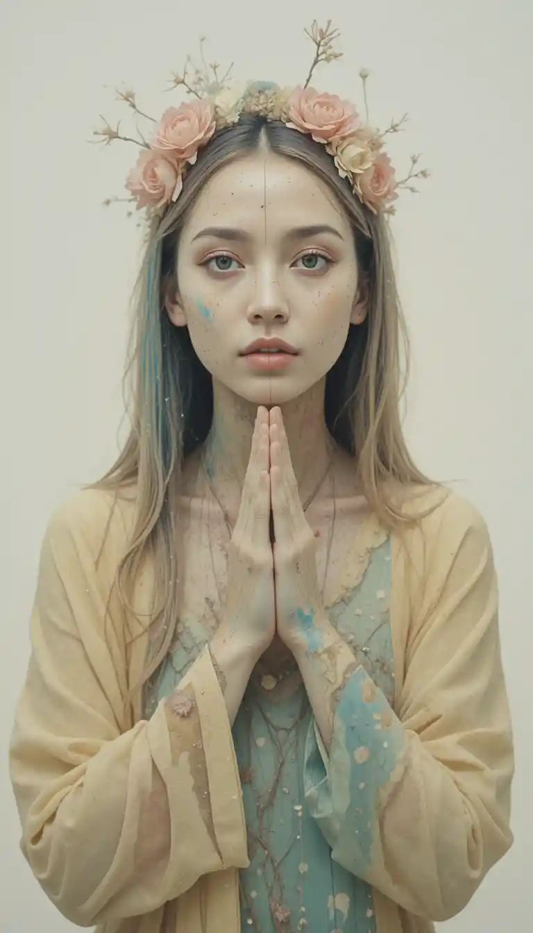 Devotional figure in hooded mantle with folded hands
