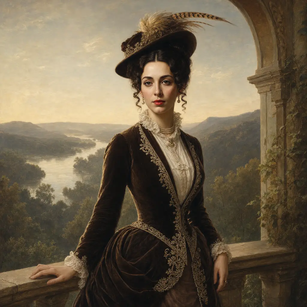 Dama victoriana en un balcón de mármol al amanecer
